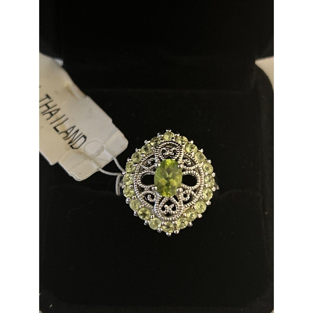 Sterling Silver 925 Peridot Filigree Ring Size 6 Signed HAN Ornate Designer